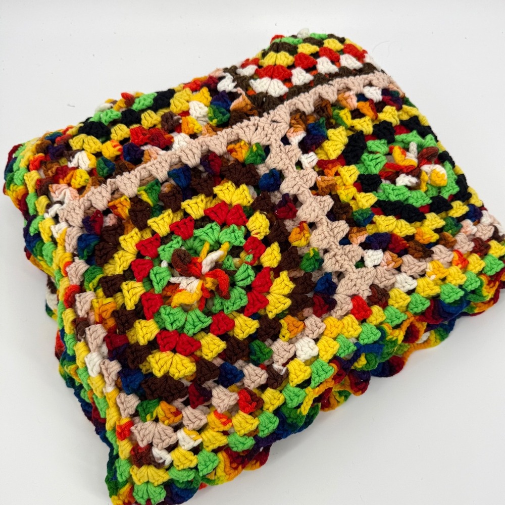 Vintage Handmade Crochet Granny Square Blanket Vibrant‎ Boho Folk Artsy Colorful